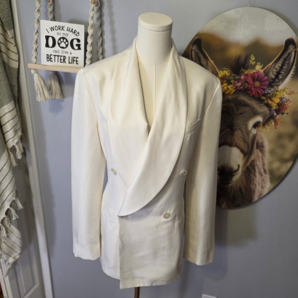 Ralph Lauren Purple Label Ivory Double-Breasted Satin Blazer